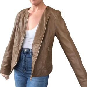 Charter Club Brown Faux Leather Moto Zip Jacket Jacket L‎